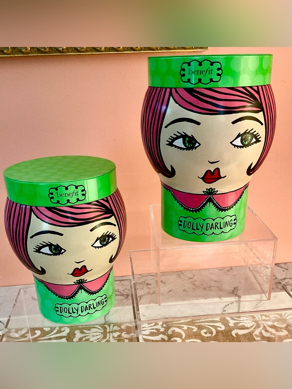 Set of TWO Benefit Dolly Darling Decorative 6.5” Tins Green & Pink Airline